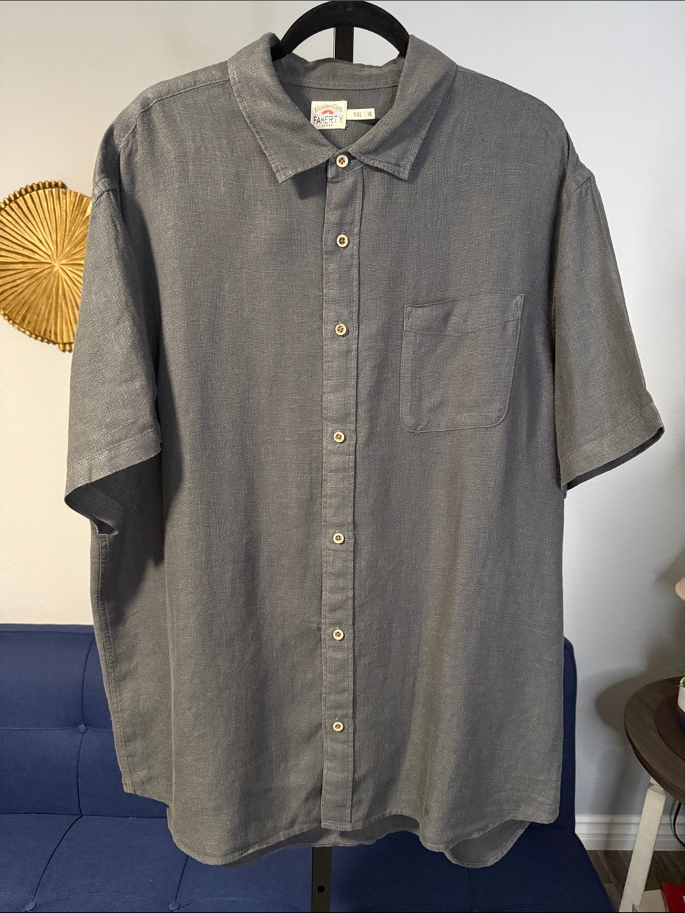 Classic Men’s Faherty 100% Linen Short-Sleeve Button-Up Shirt - Gray size XXL